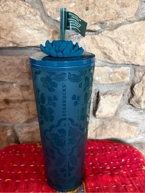 NWT Starbucks 24 oz Navy/Teal Floral Cold Cup 2025 Fall Chrysanthemum Topper